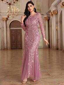 Long Sleeve Contrast Floral Sequin Mesh Fitted Elegant Evening Gown, Mermaid Hem Party Formal Dress, Mother Of The Bride Dress, Wedding Guest Dress, Suitable For Graduation Ceremony, Banquet, Birthday Party - Dusty Pink - View 3