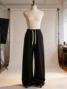 Loose Fit Drawstring Design Casual Wide Leg Pants, Suitable For Outdoor Sports And Daily Wear In Summer & Autumn, Great Gift For Girlfriend Back To School Season - Black - View 2