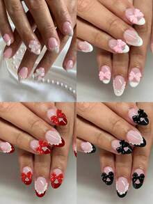 96片（4种混装）短款椭圆形3D蝴蝶结珍珠装饰法式亚克力按压美甲片，完美贴合短款指甲，套装包含：1片果冻胶和1个指甲锉，法式蝴蝶结美甲和法式尖头美甲，适合女性和女孩日常佩戴和派对使用。 - 彩色 - 查看 3