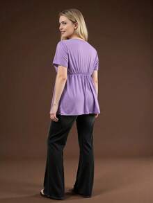 方领纯色前开襟宽松大码休闲上衣，适合春夏穿着 - 紫丁香色 - 查看 6