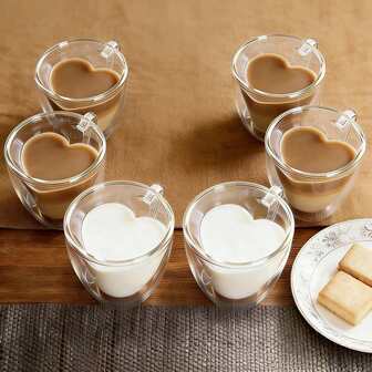 1/2/4/6-Pack Heart-Shaped Double-Layer Insulated Glass Coffee Cup, Tea Cup, Double-Layer Glass 80ml. Transparent, Unique And Insulated, With Handle. Suitable For Espresso, Cappuccino. Can Also Be Used As A Unique Birthday Gift Or Holiday Gift For Wife, Girlfriend And Family