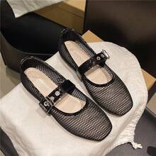 女士芭蕾舞鞋，春夏玛丽珍鞋，低鞋面透气厚带方扣黑色平底鞋 - 黑色 - 查看 5