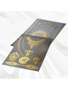 1张/4张中东金箔临时纹身贴纸，开斋节海娜纹身贴纸，海娜纹身贴纸，金箔纹身贴纸 - 金色 - 查看 4