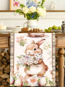 1pc Easter Bunny & Eggs Decorative Table Runner, 180*35cm, Featuring Rabbit, Eggs And Floral Patterns, Cute Rectangular Easter Table Cloth, Easter Egg Hunt Party Supplies, Easter Decoration, Easter Bunny Decor, Easter Gift, Farmhouse Spring Decor, Elegant Kitchen Decor, Tabletop Decoration - Multicolor - View 4