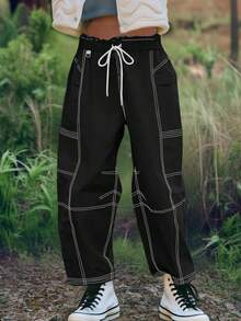 Women's Cargo Pants Wide Leg Elastic Waist Water Resistant Hiking Joggers With Pockets Contrast Stitch Fall Winter Christmas Gifts - 黑色 - 查看 1