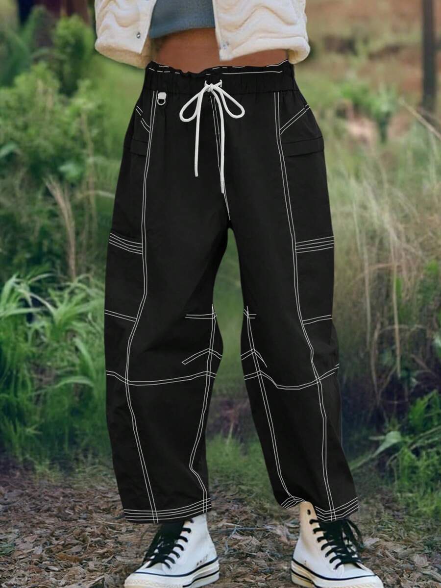 Women's Cargo Pants Wide Leg Elastic Waist Water Resistant Hiking Joggers With Pockets Contrast Stitch Fall Winter Christmas Gifts - 黑色 - 查看 1