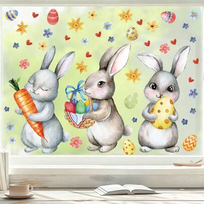 1 Set Of 3 Large Cute Rabbit Window Stickers, Includes Egg, Carrot, Flower Patterns, Removable Glass Decals, Suitable For Bedroom, Living Room, Entryway Decoration