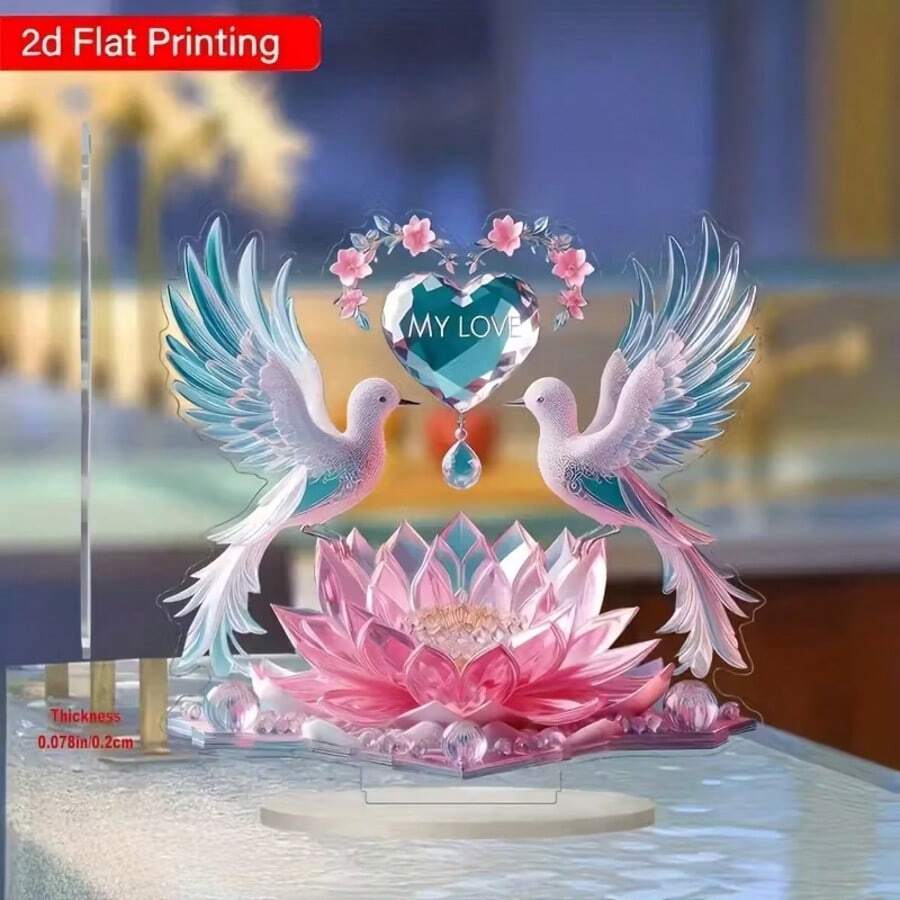 一对2D水晶鸟摆件，饰以心形和莲花图案 - 2D亚克力桌面摆件，带夹子支架，适合家居、咖啡厅和户外装饰，是情人节、万圣节、周年纪念日、新年、圣诞节、复活节和春季的完美之选。精湛的工艺使其成为理想的创意礼物。 - 彩色 - 查看 1