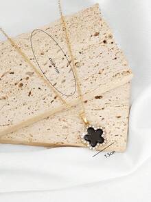 1件时尚微镶水钻幸运四叶草五瓣花吊坠项链，适合日常佩戴、情人节约会、宴会、派对及各种场合。 - 黑色 - 查看 5