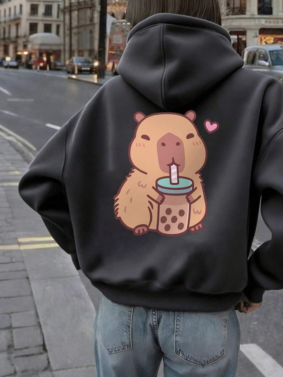 1pc Tween Girl Casual Printed Pullover Sweatshirt, Thermal Lined, Long Sleeve, Autumn/Winter