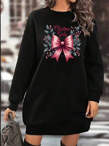una pieza Vestido de Jersey de Cuello Redondo para Mujer Estilo Navideño con Diseño de Bow y Hojas Festivas Moda Casual Suave y Cómodo para Celebraciones de Invierno Outfit de Navidad Bonito y E - Negro - Ver 2