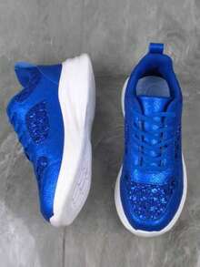 Women's Lace-Up Comfortable Casual Sports Shoes, Sequin Design Fashion Sneakers, Lightweight Running Shoes - Blue - View 16