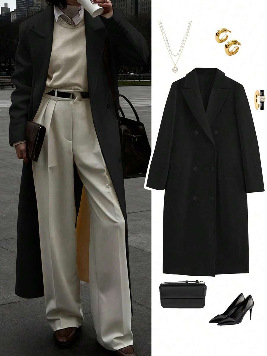 Autumn/Winter New Fashion Women's Loose Fit Elegant Wool-Blend Double-Breasted Windbreaker Coat - Black - View 1