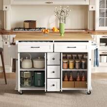 Multifunctional Kitchen Trolley With Fold-Out Worktop, Extendable To 120*65 Cm, With 5 Drawers, Cabinets, Spice And Towel Racks, On Casters – Kitchen Island For Kitchen, Dining Room And Living Room - White - View 3