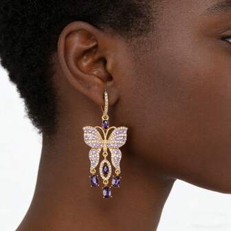 一对蓝色水晶蝴蝶流苏耳环，精致奢华创意耳环，女士珠宝礼品，适合派对和宴会佩戴