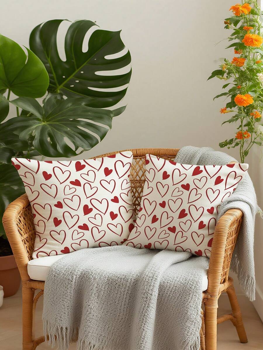 2Pcs Valentine's Day Geometric Check Striped Heart Pattern Pillowcase, Farmhouse Pillowcase, Holiday Party Decoration Home Sofa Living Room Bedroom Bed Sofa Chair Cushion Cover (Unfilled) - Red and White - View 1