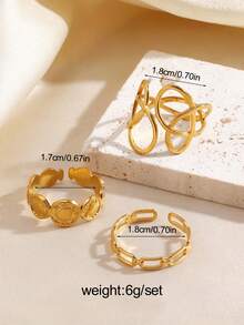 3pcs/Set Stainless Steel Minimalist Geometric Line Design Rings Set, Suitable For Women's Daily And Party Wear - Multicolor - View 3