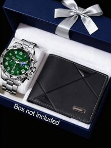 2pcs Men's Stylish Black Textured Watch Set, Includes 1 Multifunctional Quartz Watch And 1 Black Textured Wallet. Featuring Black Metal Strap And Embossed Stitched Leather Design, Sophisticated And Fashionable, Showcasing Masculine Charm. - Black - View 16