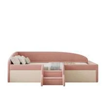 Upholstered Sofa Bed, 90*190cm, Multifunctional Bed, With Steps And Railings, Skin-Friendly Velvet Fabric, Without Mattress, Pink + Cream White - 粉色 - 查看 4