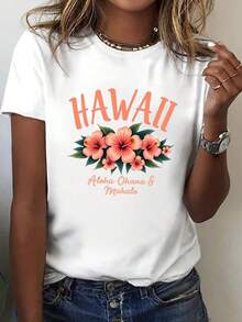 Camiseta vintage de mujer con estampado floral hawaiano - gráfico Aloha Oahu y Mahalos, ajuste holgado de manga corta y cuello redondo, camiseta blanca transpirable para atuendo casual - Negro - Ver 6