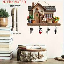 2D Flat, 1pc Cute Wooden Multifunctional House-Shaped Key Holder With 4 Metal Hooks, Suitable For Wall Decor, Porch Decor, Room Decor, Villa Decor, Home Decor All Seasons, 2D Flat - Multicolor - View 7