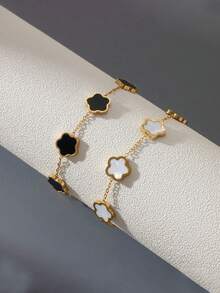 2pcs/Set Men's Stainless Steel 14K Gold Plated Waterproof Non-Fading Classic Versatile Lucky Flower Bracelet Set, Suitable For Daily Wear And Beach Vacation - Multicolor - View 7