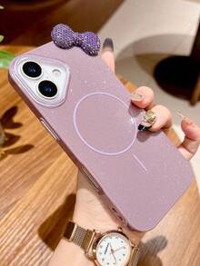 1 pieza Funda magnética para teléfono con lazo de strass, compatible con iPhone 16/15/14/13/12/11, 17, cubierta protectora brillante con anillo delgado Magsafe para 14 Pro Max - Púrpura malva - Ver 2