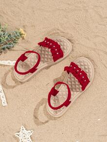 1双女童可爱时尚凉鞋，防滑耐磨透气幼儿学步鞋，适合7-12岁儿童，透气速干休闲鞋 - 紅色 - 查看 3