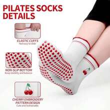 Pilates Grip Socks For Women, Breathable Cotton Cherry Embroidery Non Slip Yoga Socks With Cute Ruffle Design For Barre Ballet Workout Dance - As Pic - View 5