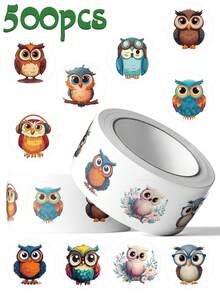 500张卡通猫头鹰贴纸，适用于笔记本电脑、行李箱、文具、冰箱、手机、礼品盒、信封封口标签贴纸 - 彩色 - 查看 2