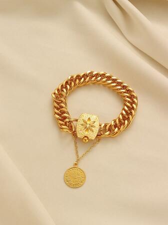 1pc Elegant Vintage Copper Alloy Gold-Plated Coin Pendant Necklace Bracelet, Suitable For Women's Daily Wear And Holiday Gifts