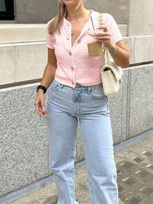 FOR BEAUTY 春夏新款纯粉色圆领金属纽扣针织开衫，简约优雅度假休闲街头轻薄毛衣，音乐会短袖开衫上衣，毕业季、新年、情人节 - 粉紅 - 查看 7