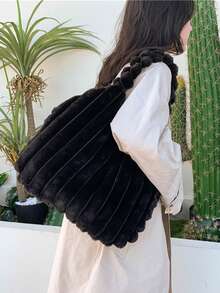 新款毛绒手提包，时尚大容量多功能单肩托特包，柔软可爱大容量单肩包，毛绒包 - 黑色 - 查看 2