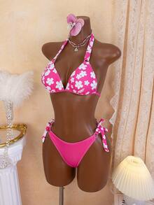 Temptaria Bộ bikini hai mảnh mùa hè dành cho nữ, họa tiết hoa, xếp ly, buộc dây phía trước, gồm áo và quần tam giác, thích hợp cho kỳ nghỉ. - Nhiều màu - Xem 2
