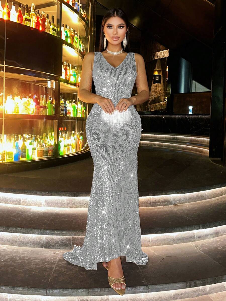 CHOSMO 大码亮片露背优雅正式礼服，适合舞会、婚礼、生日派对、周年纪念、毕业典礼、音乐节、鸡尾酒会、正式晚宴、摄影、毕业舞会、旅行、舞台表演等场合。 - 銀色 - 查看 1