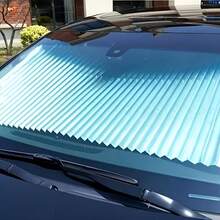 1pc Automatic Retractable Car Sun Shade - UV Protection, Heat-Resistant Aluminum Material, Universal Fit For All Vehicles, Blocks Harmful Rays, No Power Needed, Easy Installation On Windshield, Foldable Sun Visor, Compact Design, Lightweight Shading, Durable Structure, Heat Insulation Cover, For Car Enthusiasts, Summer Drivers