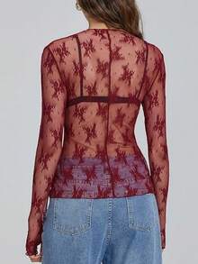 Women's Sheer Lace Mesh Top, Fashionable Slim Fit Long Sleeve Faux Collar Floral Blouse, Casual Outing T-Shirt - 酒紅色 - 查看 5