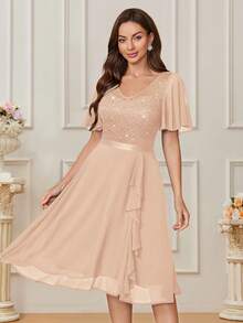 MIUSOL V-Neck Lace Sequin Insert Chiffon Ruffle Cocktail Party Swing Dress, Elegant Semi Formal Prom Dress, For Birthday, Wedding Guest, Graduation Homecoming - Rượu sâm banh - Xem 5