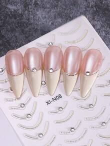 3D Golden Silvery Line Nail Stickers 1pc Self Adhesive French Tips Curve Stripe Lines Nail Art Decals With Sparkling Crystal Rhinestones DIY Manicure Decor Nail Supplies - 金色 - 查看 7