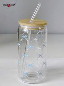 1 Set Bow Tie Iced Coffee Matcha Glass Drinking Cup, (Includes Bamboo Lid And Straw), High-Temperature Baked Printing, Cold Drink Juice Straw Cup, Hot Drink Straw Cup, Outdoor Travel Portable Large Capacity Water Cup, Exquisite And Cute Milk Tea Cup, High-Quality Juice/Coffee Cup, Suitable For Summer/Autumn/Winter - Best Gift Choice