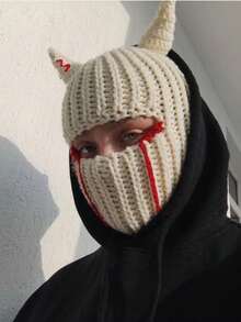 1pc Unisex Multi-Color Horn Balaclava Hat With Blood Stains Mask Warm Knitted Ski Cap Novelty Halloween Party Face Cover - 口罩款 - 查看 5