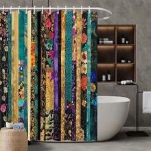 1pc High Quality Vintage Colorful Striped Floral Print Shower Curtain,100% Polyester,Machine Washable,Includes 12 Hooks,For Bathroom, Separate Wet And Dry Areas,Bathroom Decor And Accessories - 顏色5 - 查看 5