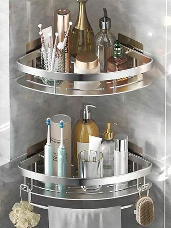 No-Hole Triangular Space Aluminum Wall-Mounted Storage Rack, Suitable For Bathroom, Vanity, Toiletries, Cosmetics, Leaves No Trace