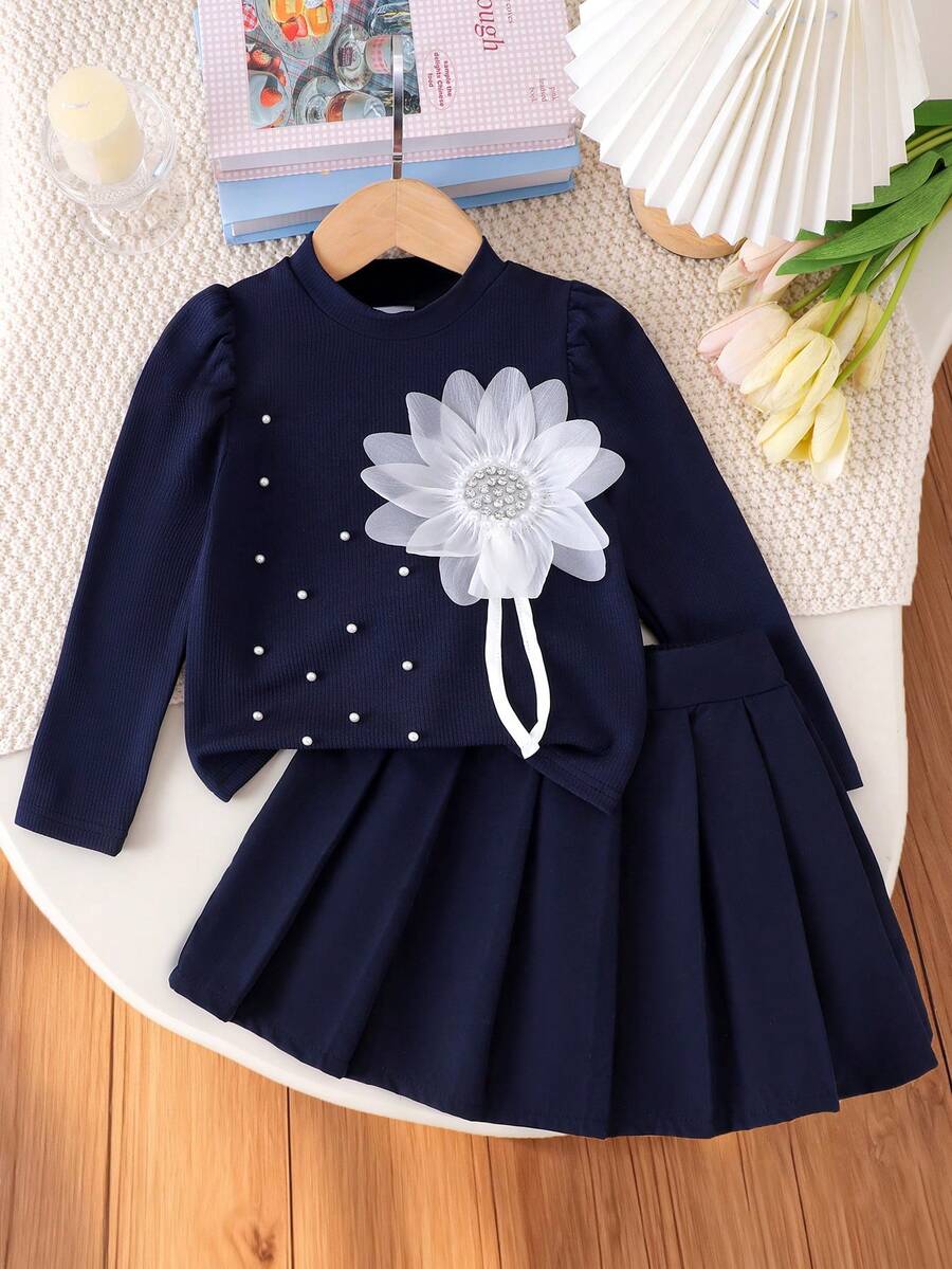 2pcs/Set Toddler Girls' Casual Pearl Decor Floral Round Neck Long Sleeve Top And Pleated Skirt Set, Spring/Autumn - Royal Blue - View 1
