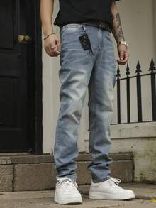 Men's Slim Fit Light Blue Jeans, Stretchy Skinny Casual Street Style Denim Pants, Versatile & Fashionable - Blue - View 5