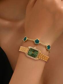 1pc Women's Watch Business Simple Diamond Gold Watches Casual Female Quartz Clock With Stainless Steel Bracelet Double Sided Bracelets Five Leaf Petals Flower Gold Plated Clover Women Fashion Jewely - Gold - View 1