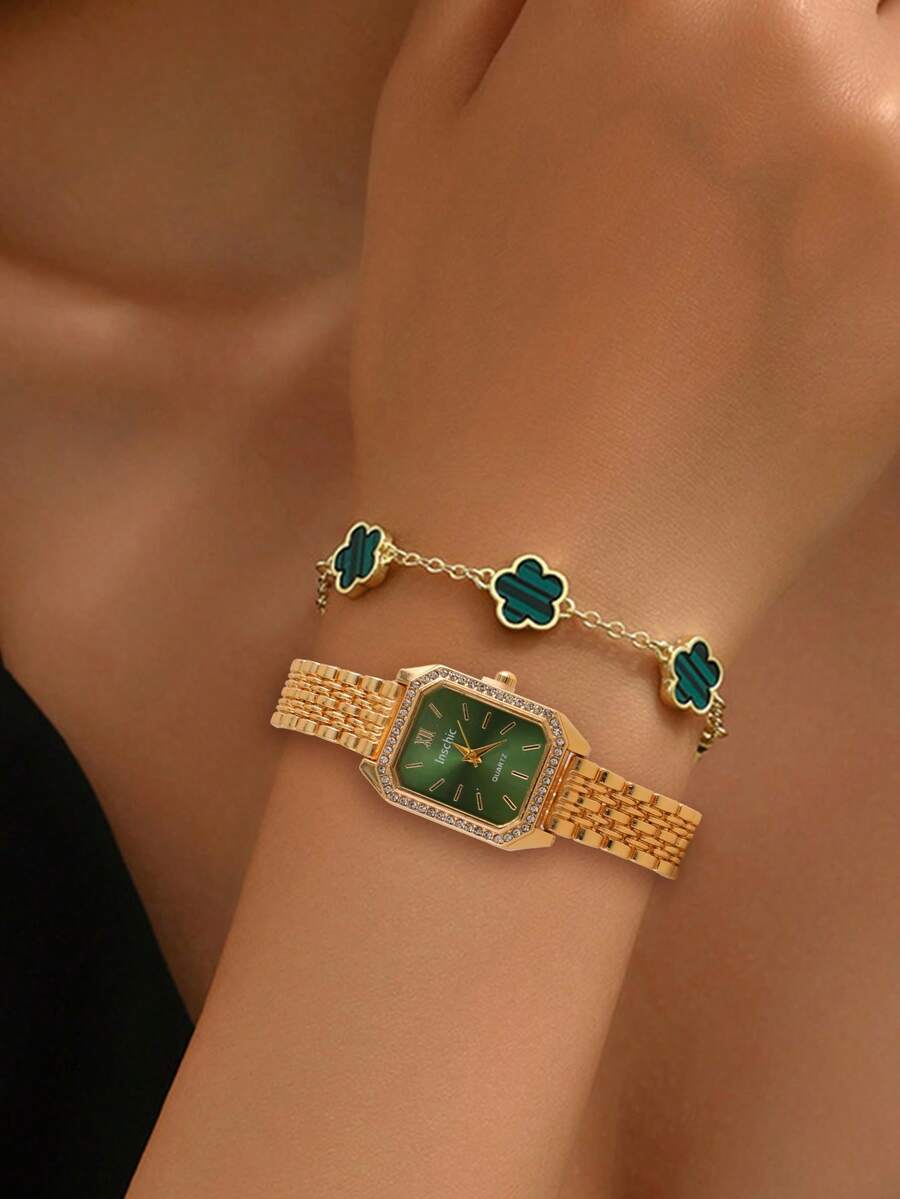 1pc Women's Watch Business Simple Diamond Gold Watches Casual Female Quartz Clock With Stainless Steel Bracelet Double Sided Bracelets Five Leaf Petals Flower Gold Plated Clover Women Fashion Jewely - Gold - View 1