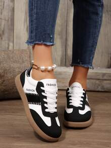 Color Block Sneakers - Color Block Casual Sneakers - Lace-Up, Lightweight, Soft Sole - Suitable For Walking, Skateboarding, Daily Wear - Women's - Comfortable, Fashionable, Versatile - Combining Fashion And Comfort, Color Block Casual PU Leather Lace-Up Sneakers, Suitable For Vacation, School, Home, Gym, Spring/Summer - Black - View 4