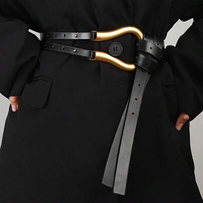 [Vintage|Oversized Belt] 1pc Women's Vintage Oversized Belt - Wide Waist Cincher With Golden-Tone Buckle & Black-Like Texture | Structured Dress Belt For Coats, Dresses, Blouses | Formal & Casual Attire, Durable Belt For Women (Standard Size, Not Plus Size)