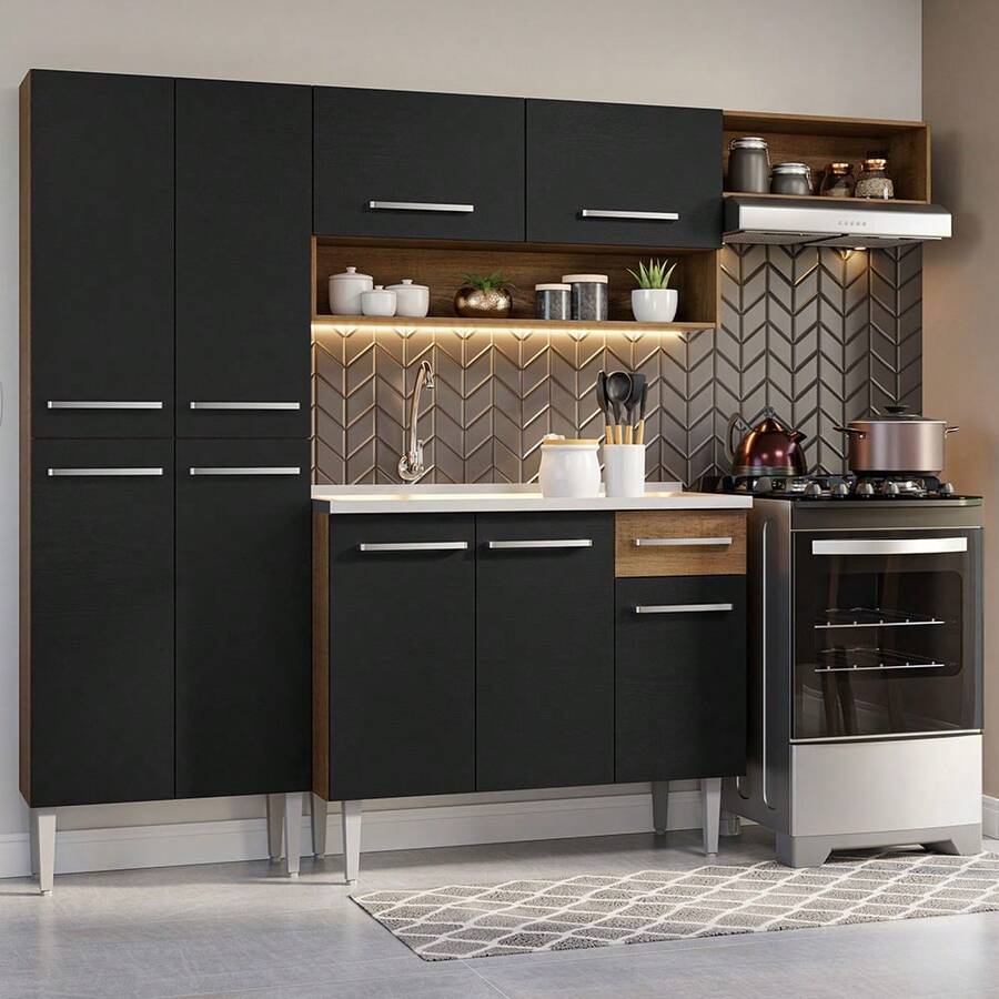 Cocina Integral 229cm Con Fregadero Emilly Madesa 12 Color Marrón/Negro